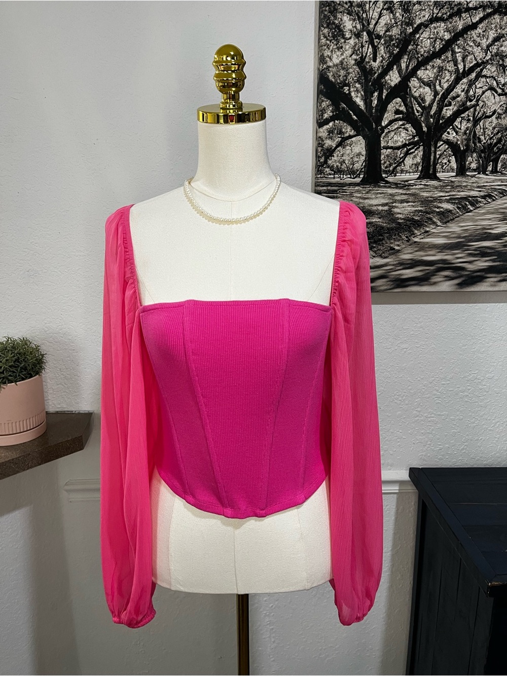 fab'rik Hot Pink Square-Neck Sheer Puff Sleeve Corset Top